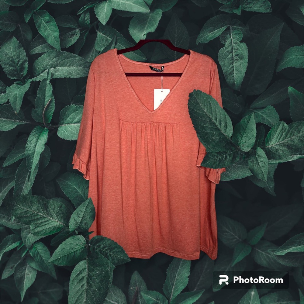 BloomChic Plus Size 14 16 Coral V-Neck Ruffle Trim Flounce Sleeve Blouse 1X